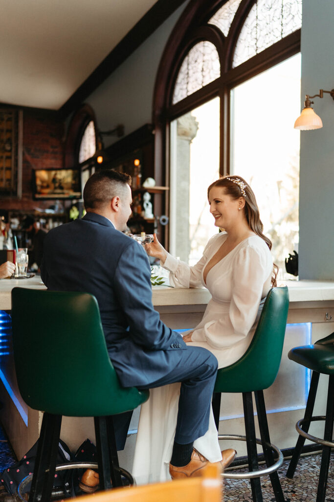 Celebrating an elopement with drinks in the city. Maine elopement inspiration. 