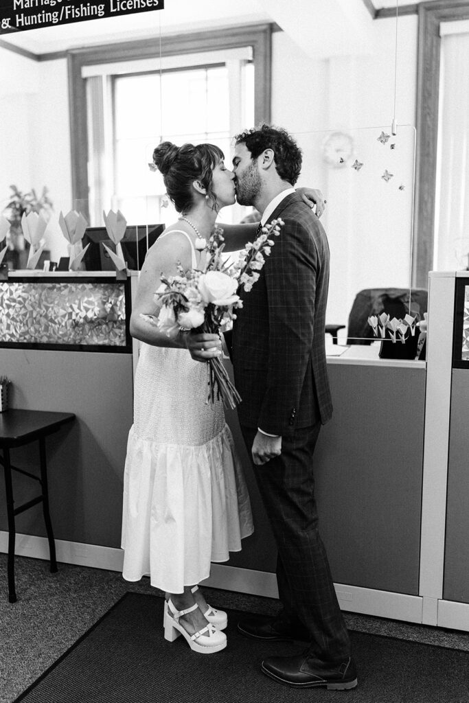 Portland, Maine City Hall clerks office first kiss. Maine elopement inspiration. 